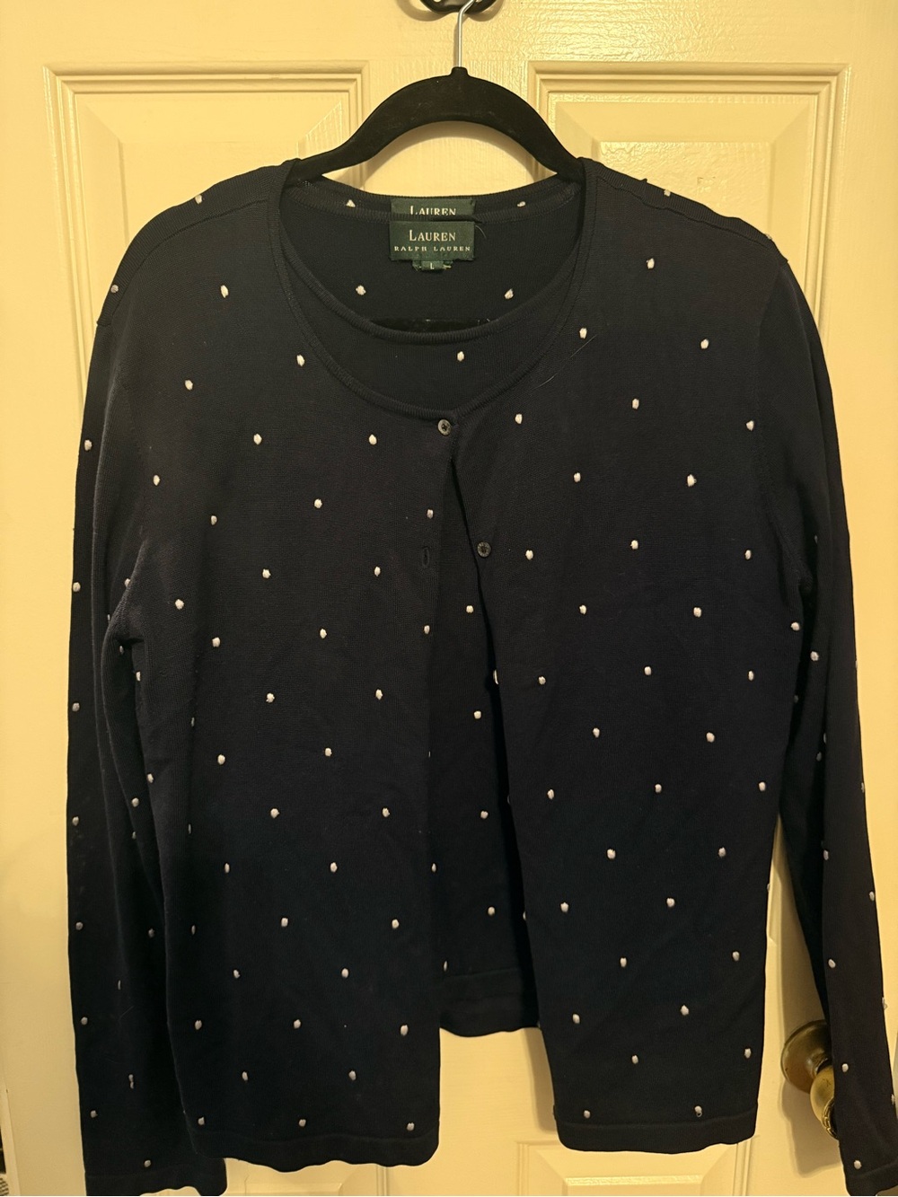 Lauren Ralph Lauren Navy Polkadot Matching Cardigan Set L Preppy Quiet Luxury